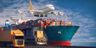 Transportation and logistics of Container Cargo ship and Cargo plane. 3d rendering and illustration.